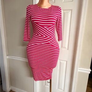 Fuchsia and White Striped Long-Sleeve Bodycon Dress